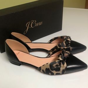 - JCrew Leather D’Orsay Flats w/ Satin Leopard Knot